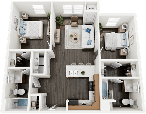 Floor plan for 2 beds, 2 baths, 851 sqft